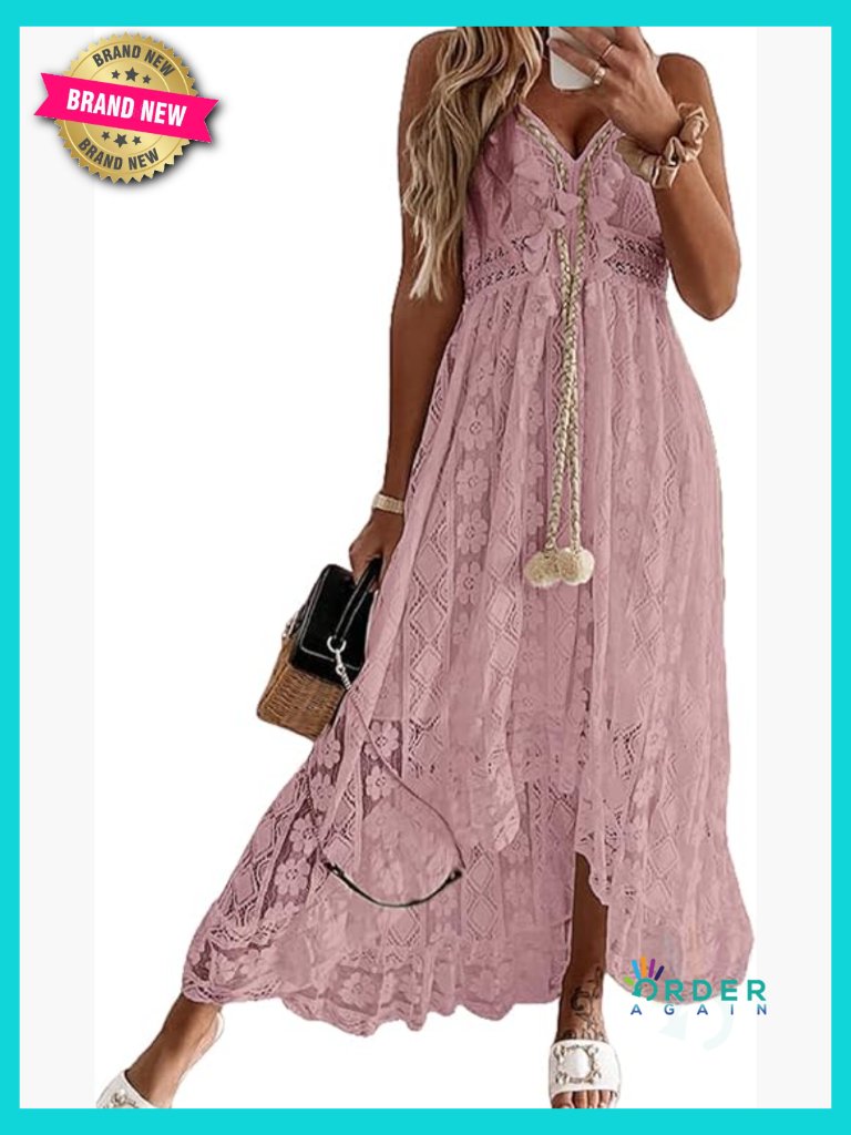 Sleeveless Lace Tassel Flowy Maxi Sun Dress Spaghetti Strap Casual Beach